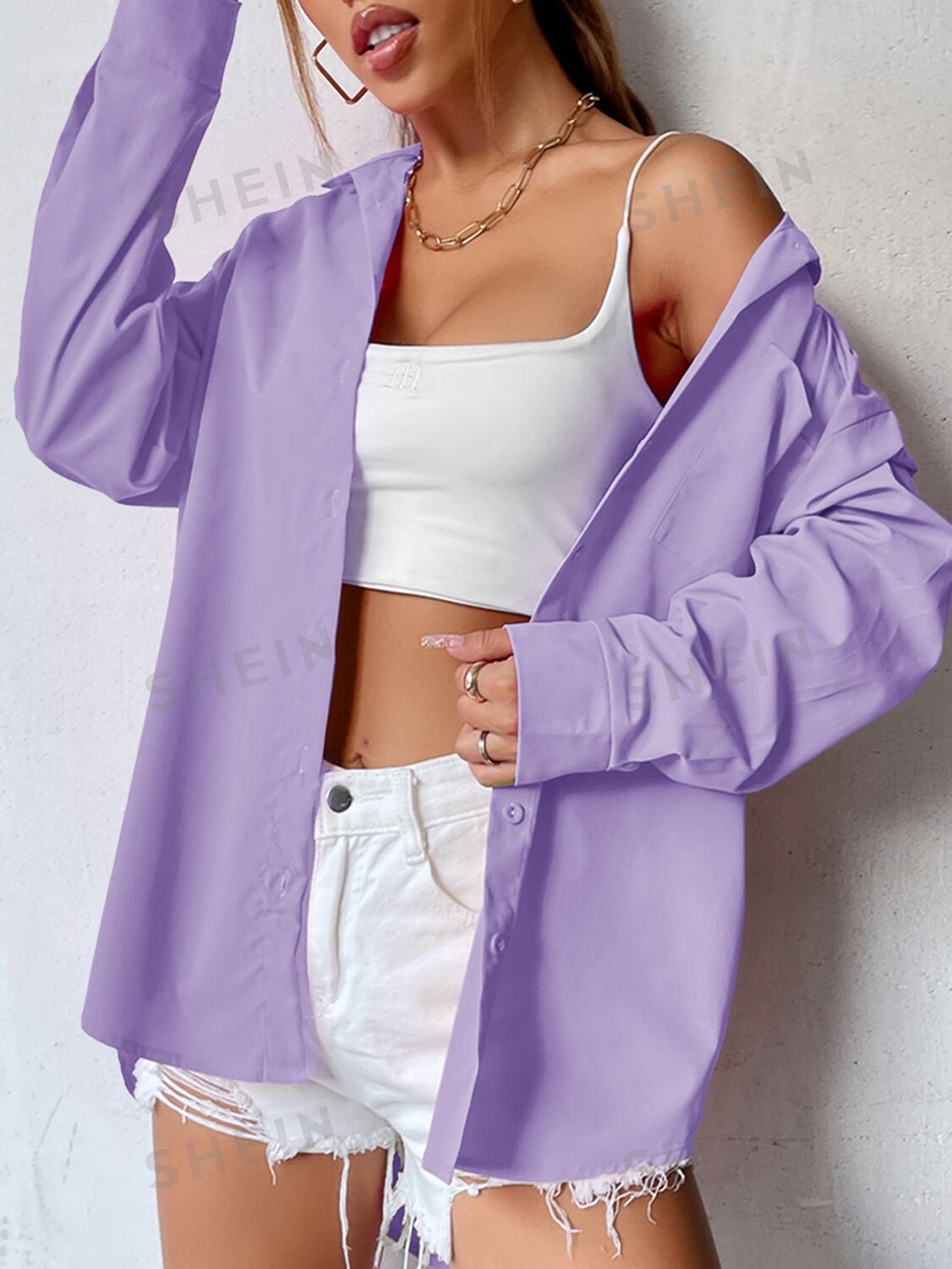 

Блузка EZwear с закругленным низом и заниженной линией плеча Shein, сиреневый/фиолетовый