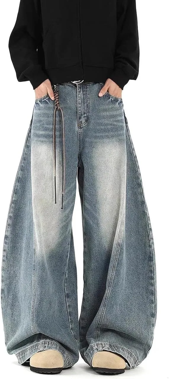 

Багги джинсы wide-leg для мужчин и женщин, high-waisted, casual, ретро LUUTWAL