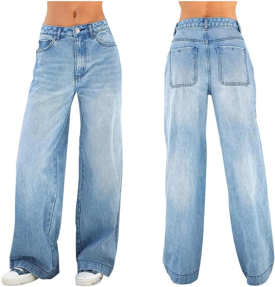 Женские джинсы 2025 Wide Leg Baggy Mid High Waisted Casual Trendy Straight Stretch Loose Denim Pants Vintage Y2K — фото 4