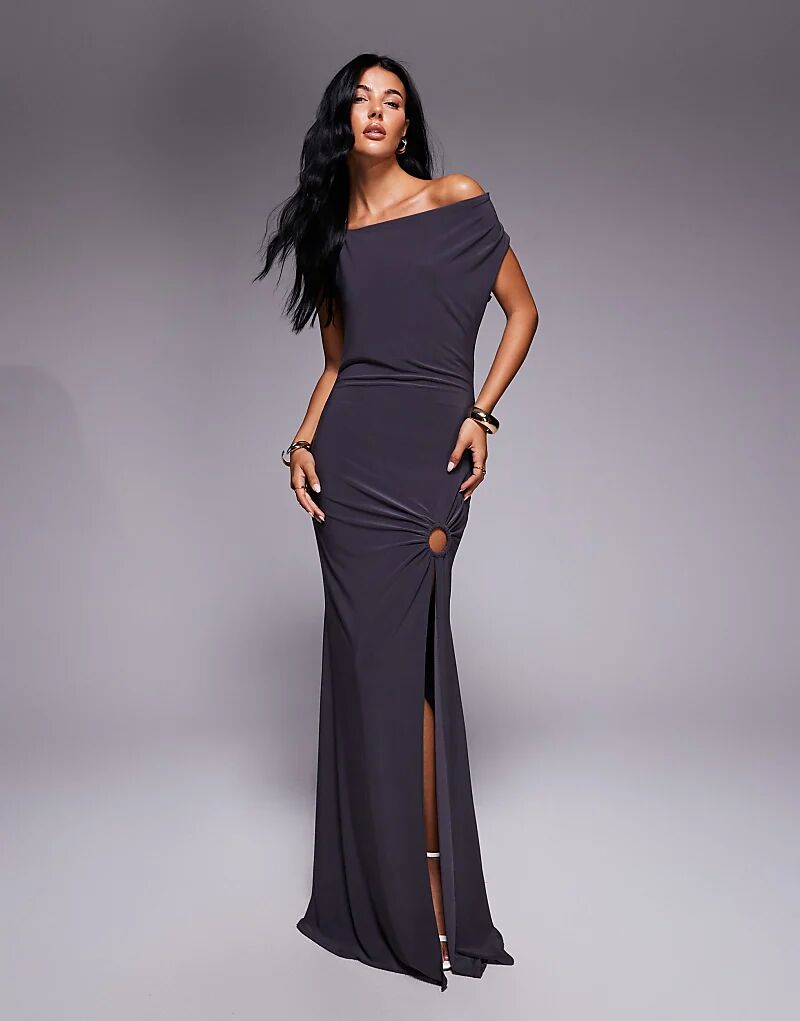 

Длинное платье ASOS DESIGN с асимметричным ремешком, сборками и серебристой отделкой в сланцево-сером цвете