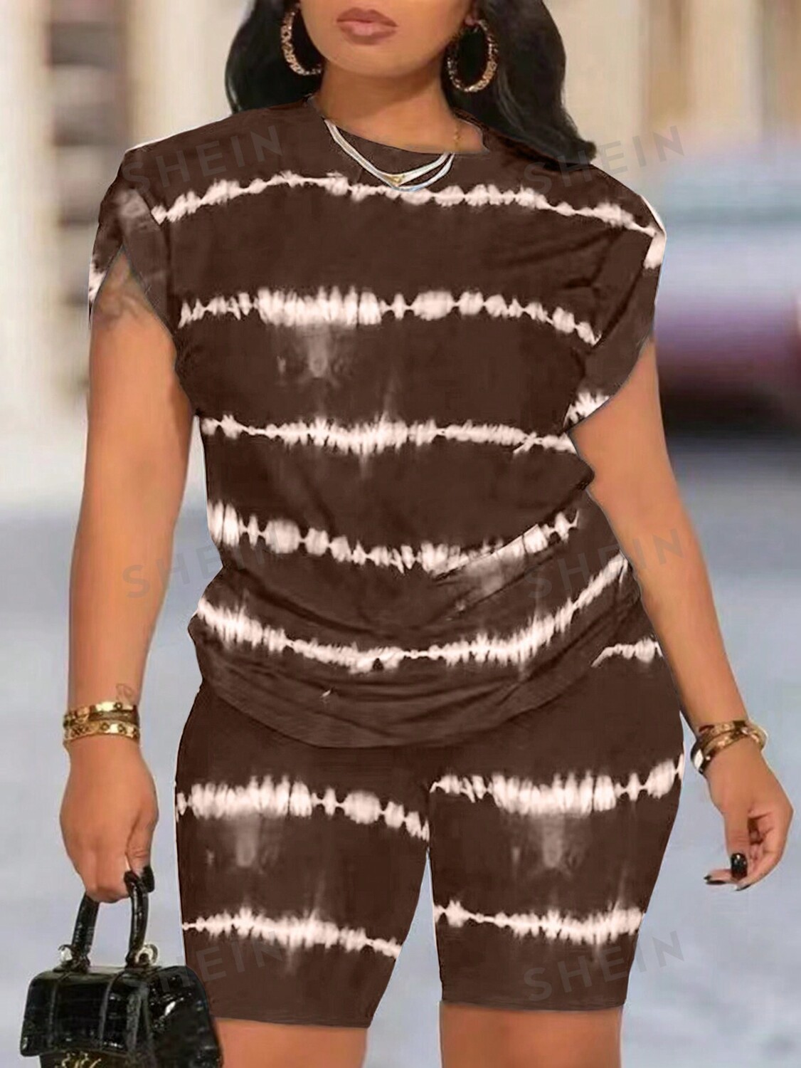 

Топ и шорты Shein Slayr Tie Dyed с короткими рукавами и круглым вырезом, коричневый
