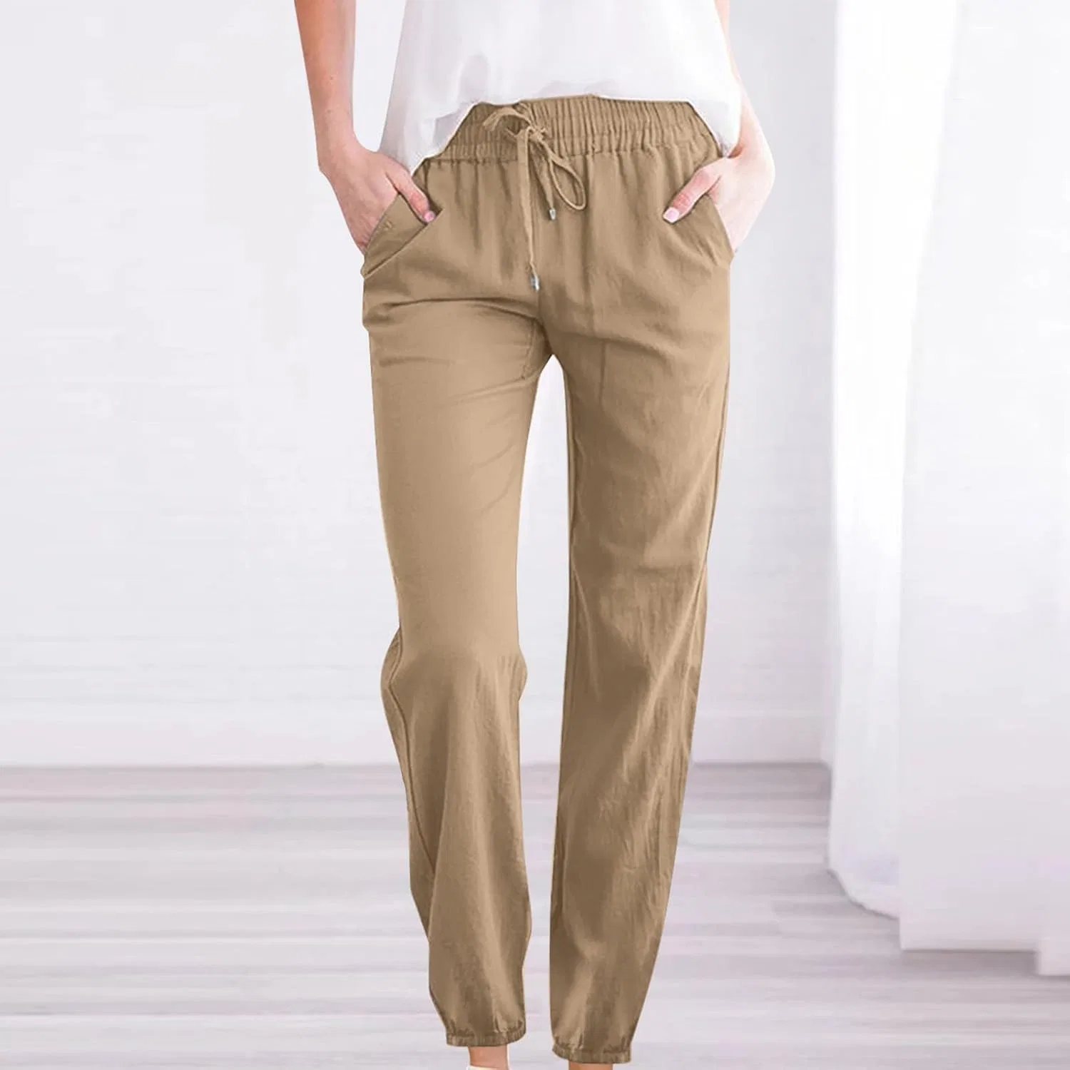 Женские широкие брюки с высокой талией, Cotton Linen, с карманами, A02_khaki — фото 2