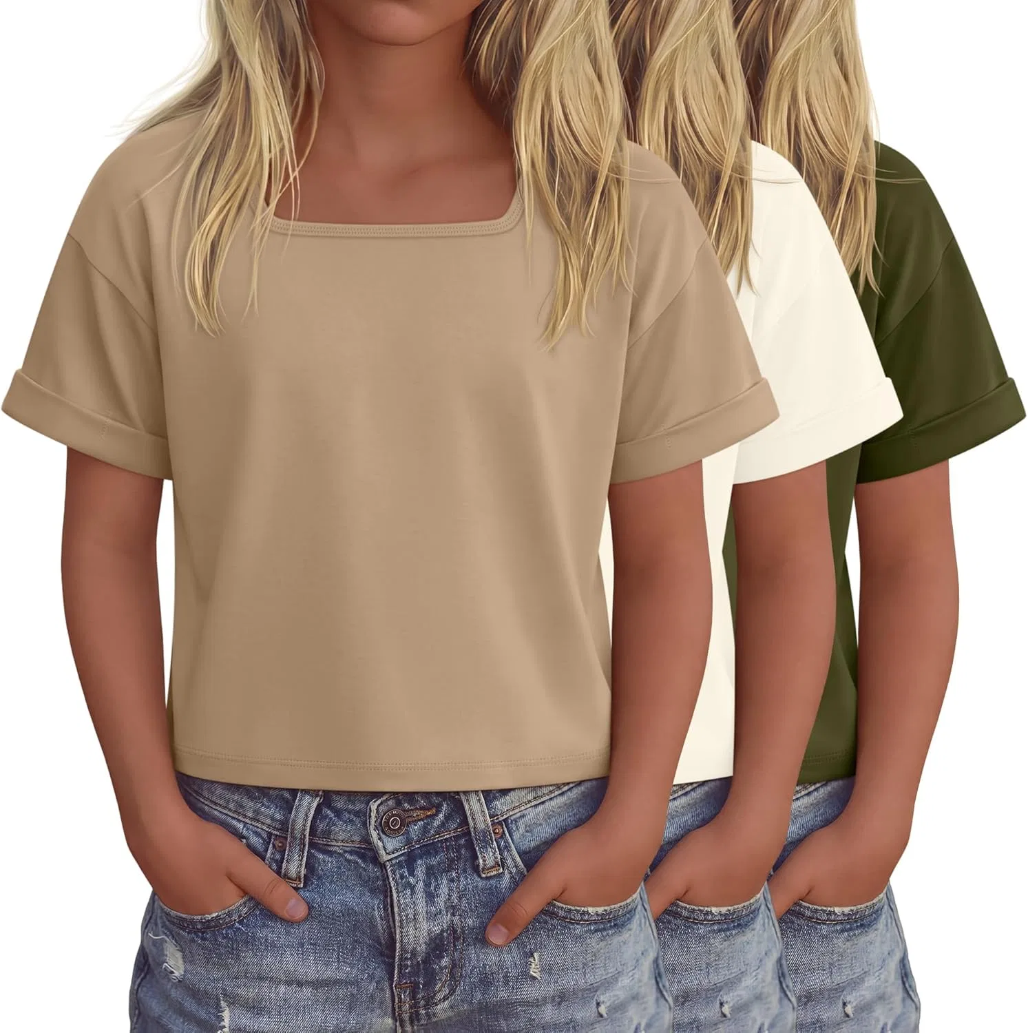 Детские топы оверсайз с квадратным вырезом, 3 шт, LessonZoo, Khaki, Cream, Army Green