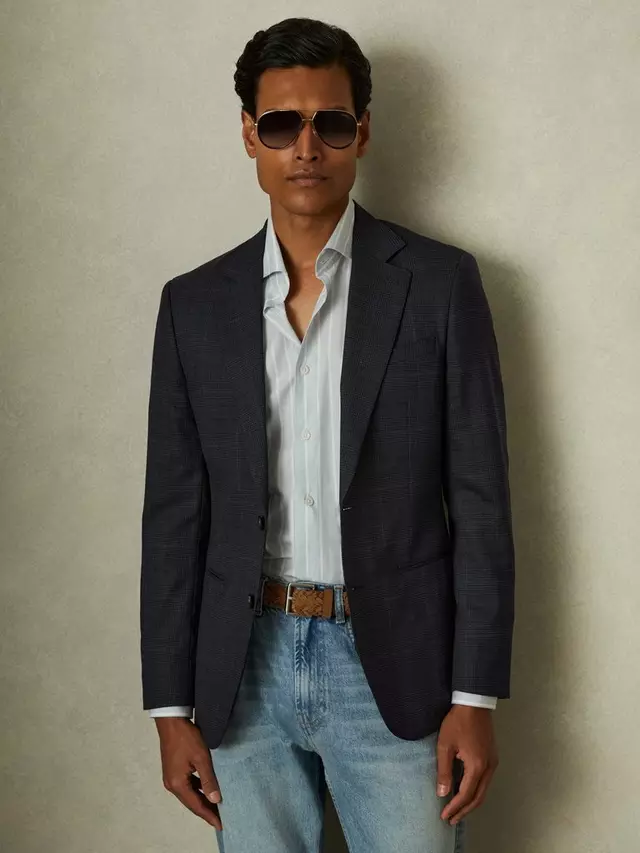 

Блейзер Reiss Grace Wool Blend Prince of Wales Check Single Breasted, темно-синий