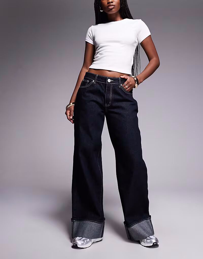 

Джинсы Liquor N Poker с защипом и подворотами средней посадки, мешковатые, с контрастной строчкой, темно-синего цвета