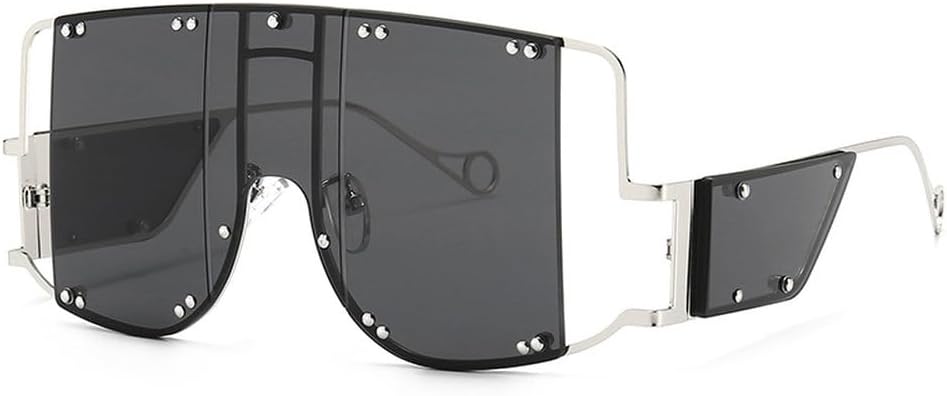 

Очки с металлическими заклепками, большие зеркальные солнцезащитные очки для мужчин и женщин, модные, уникальные, женские, с защитой от УФ-излучения UV400 HVTVTLA, C1 Silver Black Gray