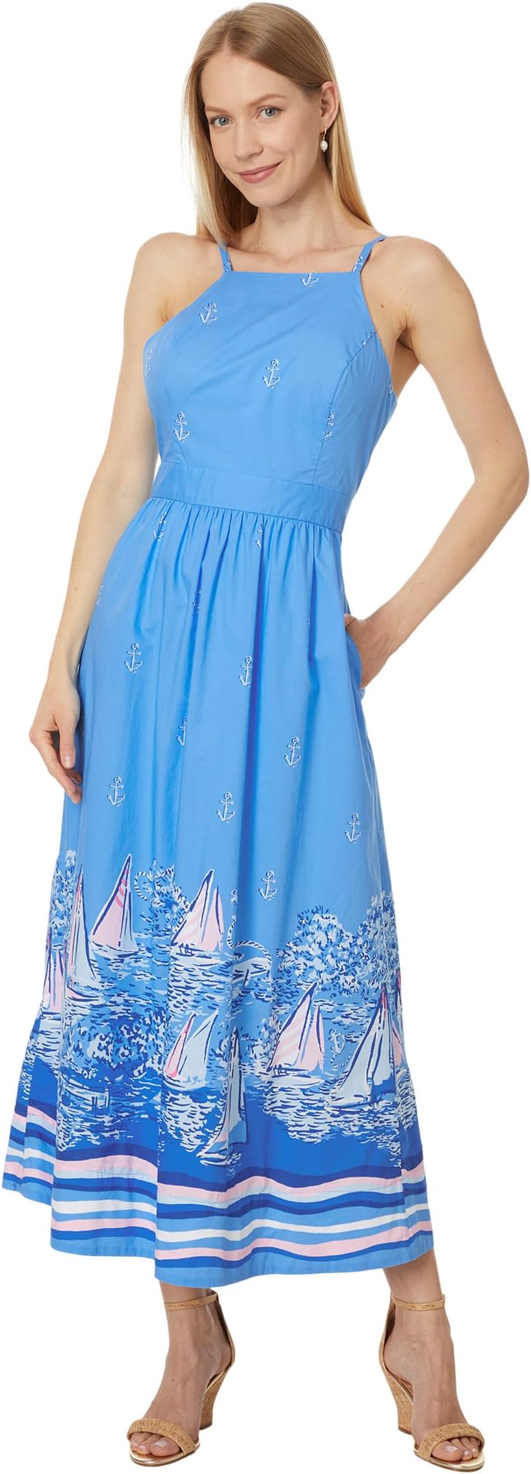 

Платье Lilly Pulitzer Charlese Cotton Halter Midi, цвет Lunar Blue A Lil Nauti Engineered Woven Dress