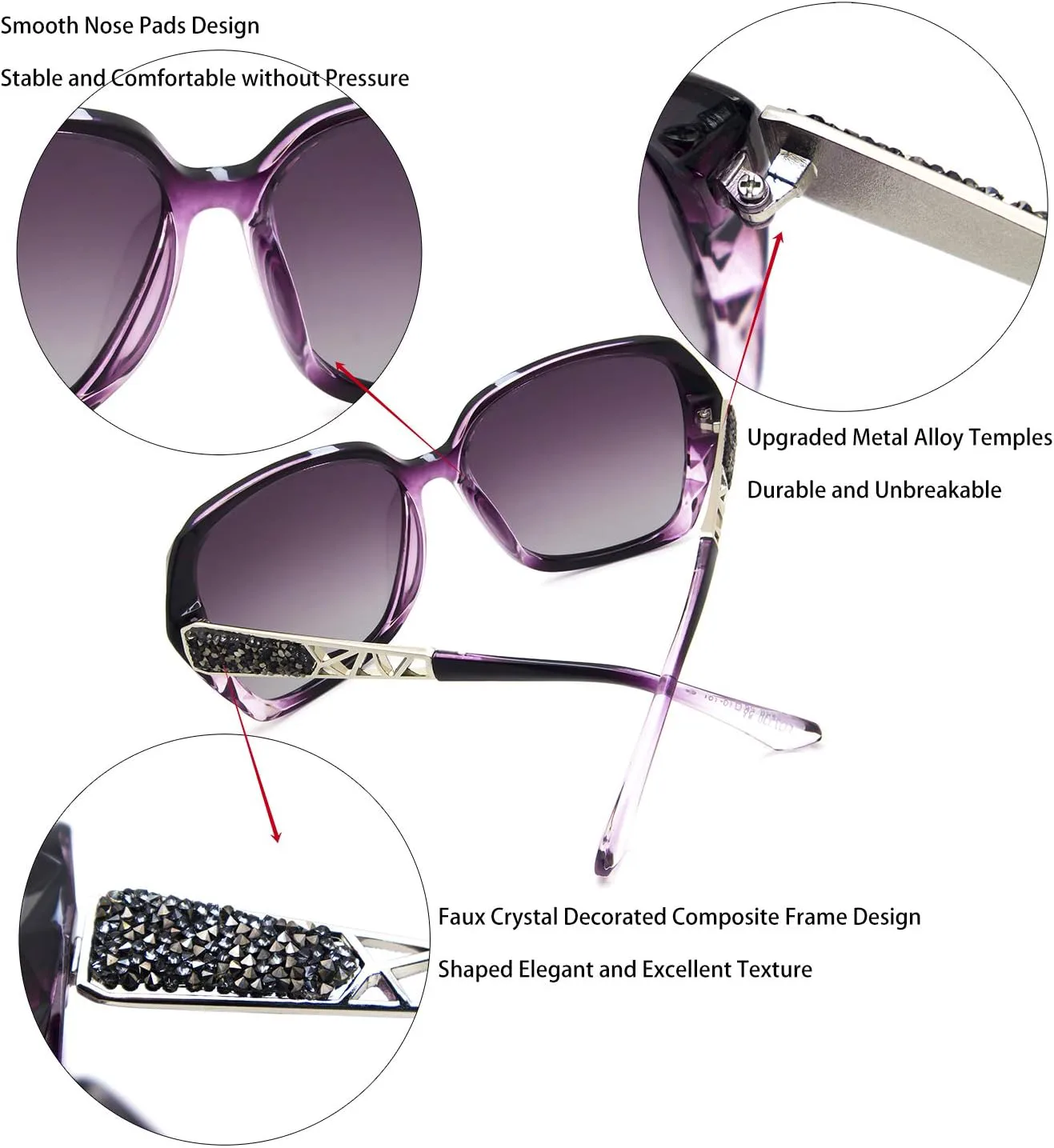 

Очки ANDOILT увеличенного размера с поляризацией для женщин, блестящая композитная оправа, классические женские очки, A0 2pcs Black Frame Grey Lens + Purple