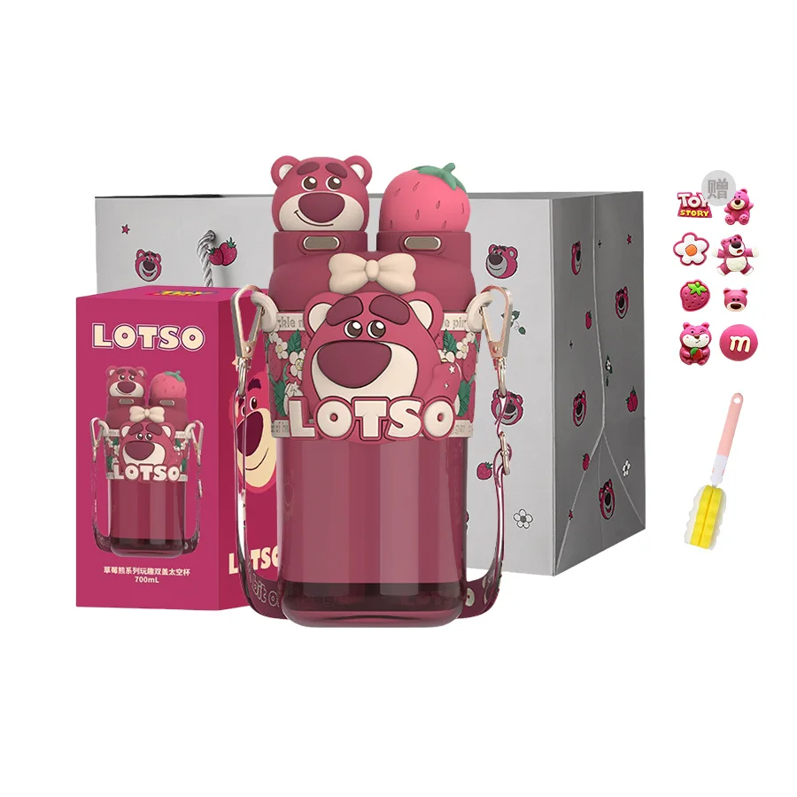 Спортивная бутылка Strawberry Bear Disney Lotso, 700 мл, два способа питья, подарочный набор, прозрачный/ершик — фото 2