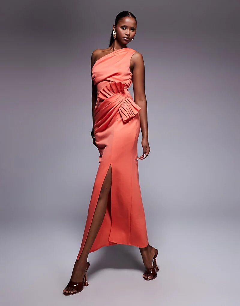 

Мини-платье ASOS DESIGN на одно плечо с плиссировкой цвета коралла из ткани в стиле «скуба»