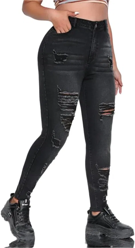 Generic Женские рваные джинсы Plus Size - потертые скинни с карманами и укороченной длиной в черном цвете — фото 2