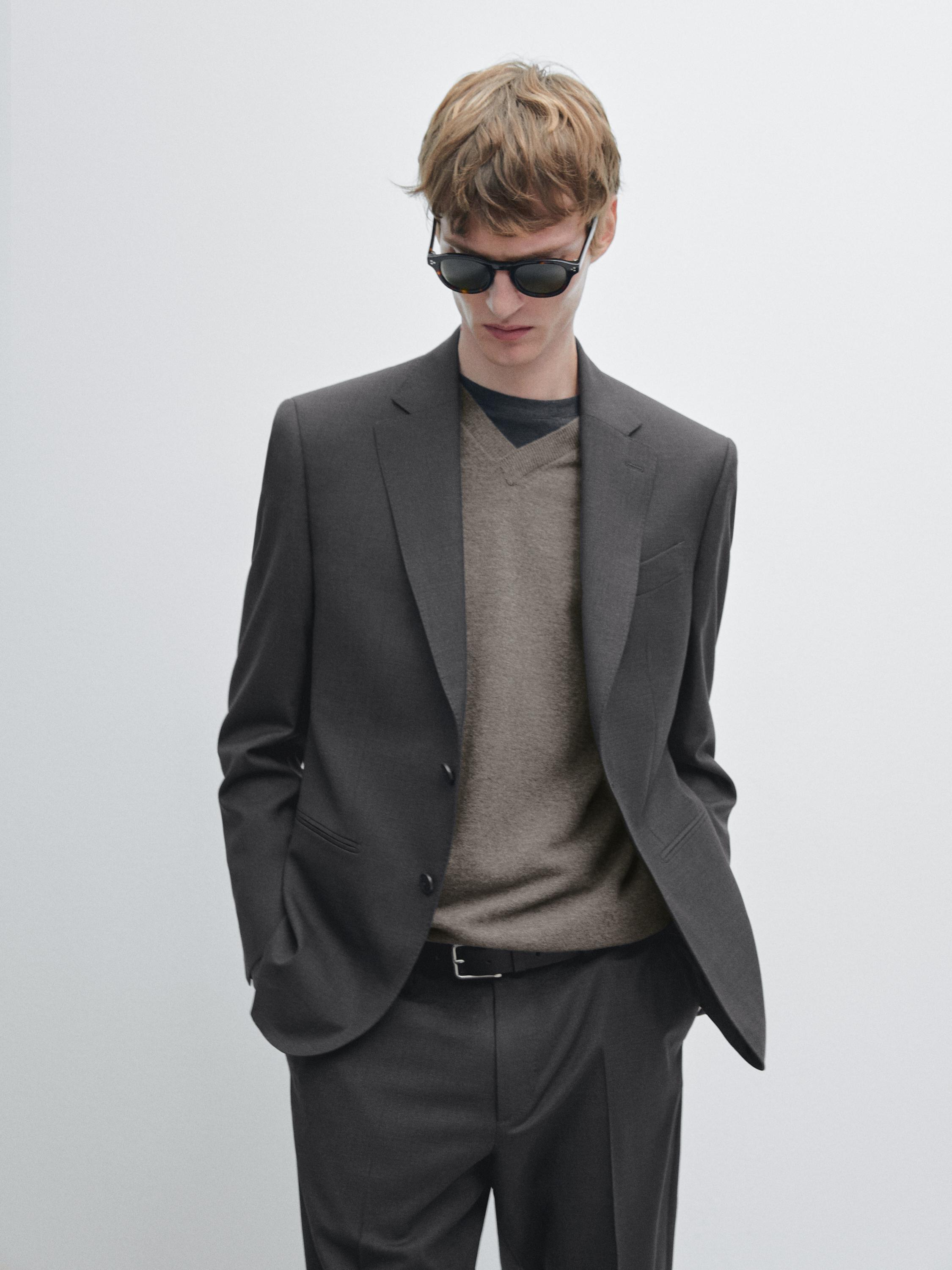 Шерстяной костюмный блейзер Massimo Dutti, charcoal — фото 3