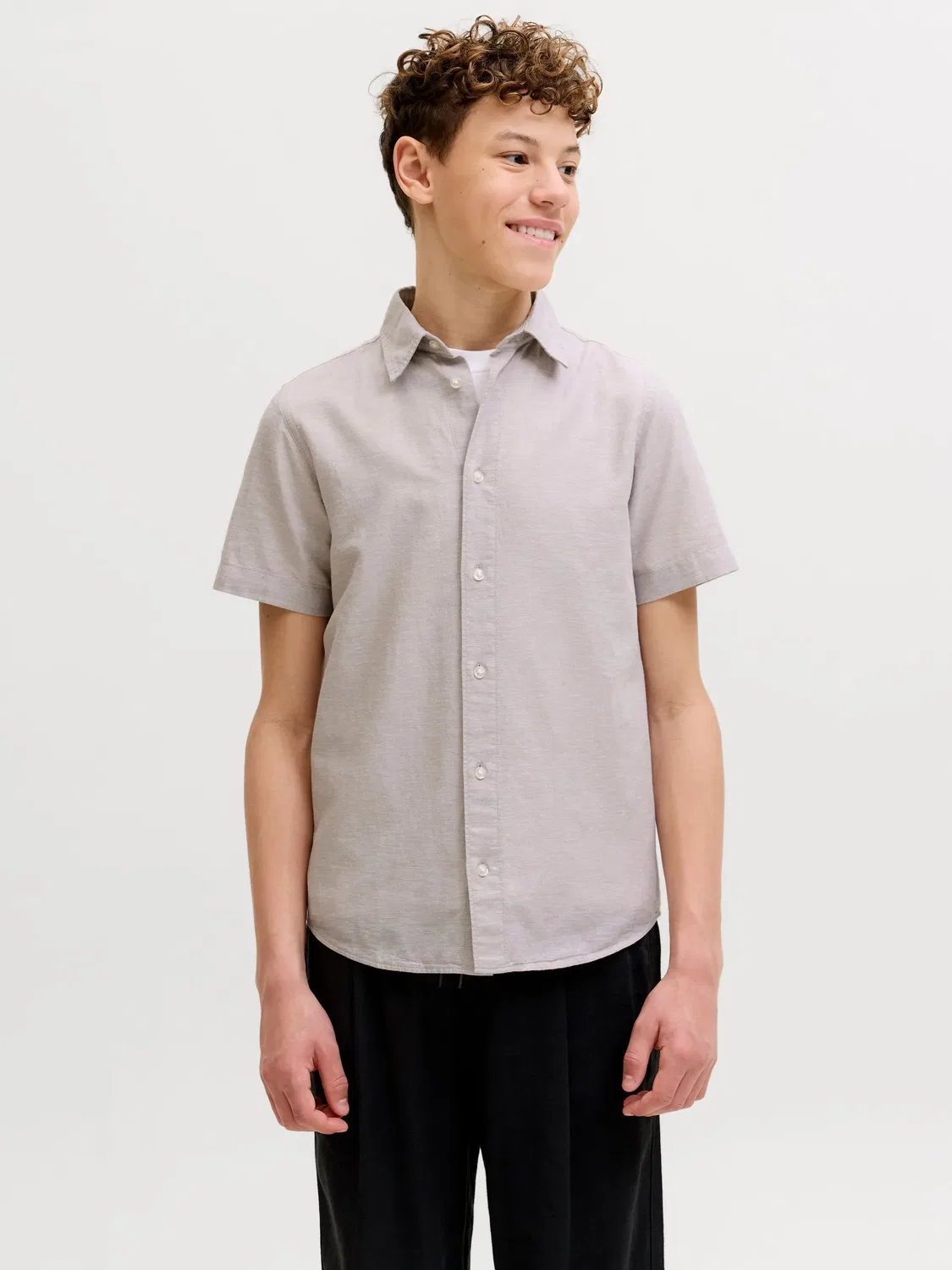 Рубашка из льна с хлопком JACK & JONES Junior, бежевая — фото 3