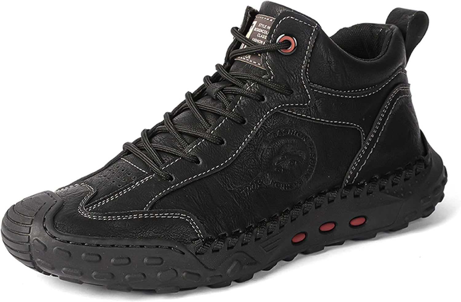 

Мужские премиальные кроссовки из коровьей кожи, прогулочные туфли, кеды средней высоты для мужчин, с сетчатой подкладкой, ручная прошивка, удобные, мягкие, нескользящие, прочные Generic, черный