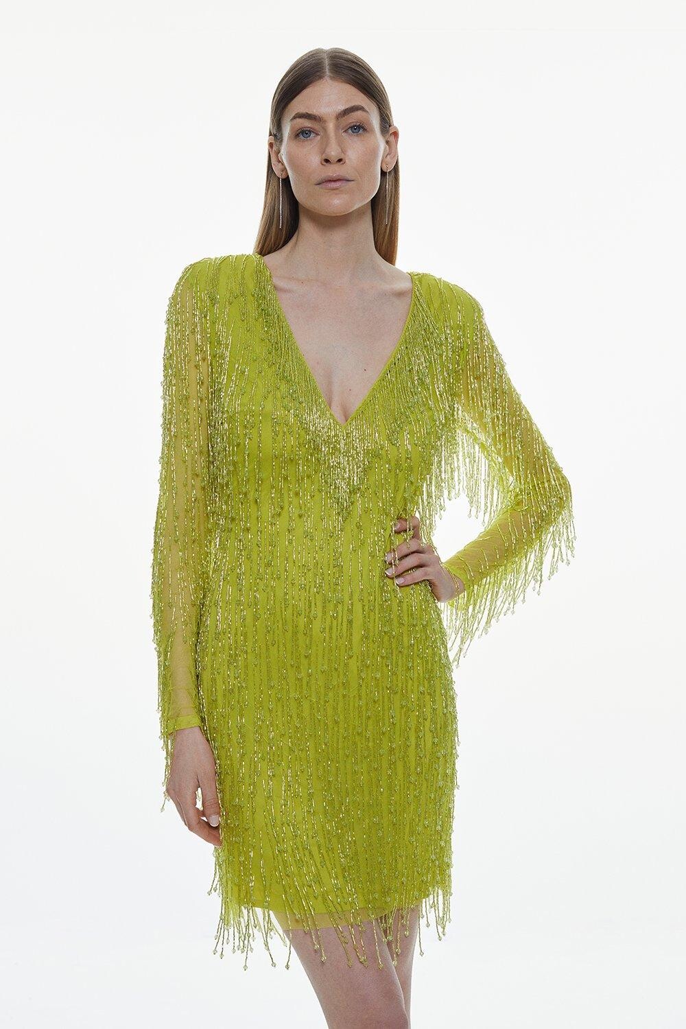 

Тканое мини-платье с бахромой и бисером, украшенное бисером Karen Millen, зеленый