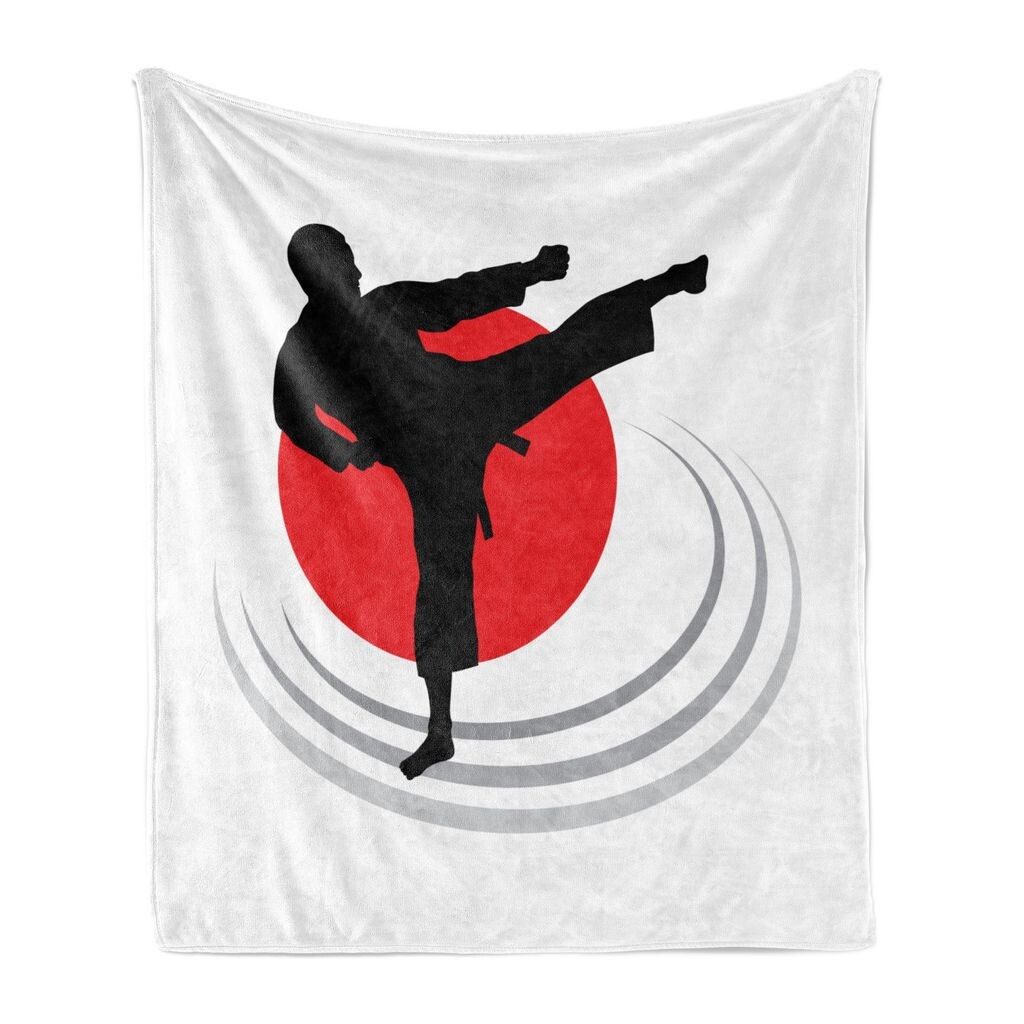 

Мягкое фланелевое флисовое одеяло ABAKUHAUS Kung Fu, силуэт каратэ для мужчин, уютный плюш для использования в помещении и на открытом воздухе, 125 x 175 см, черный киноварь