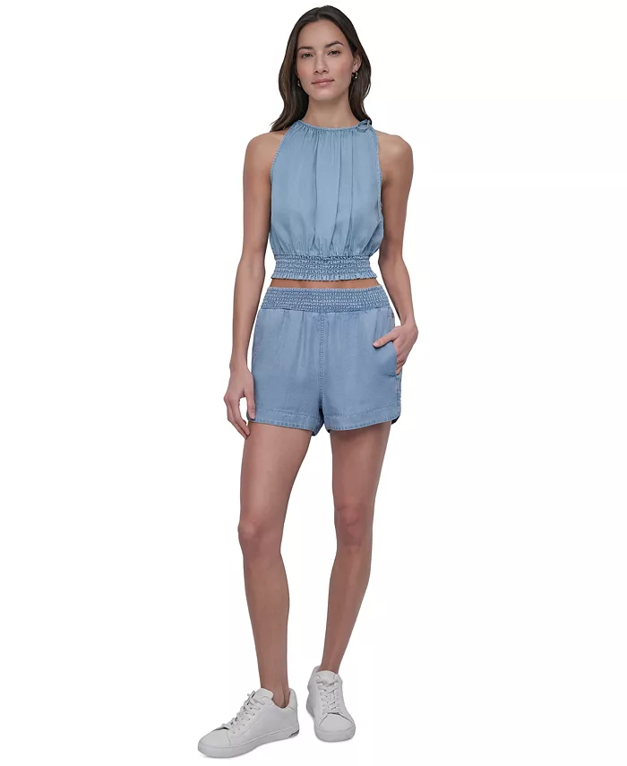 

Женские шорты из шамбре с высокой талией и подолом «дельфин» DKNY Jeans, синий