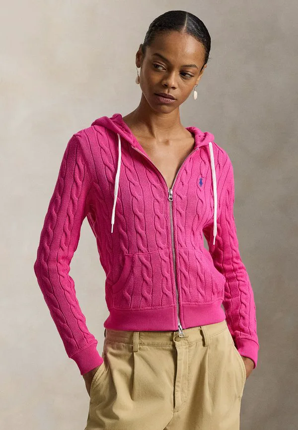 Хлопковый кардиган-худи на молнии с косами Polo Ralph Lauren, Accent Pink