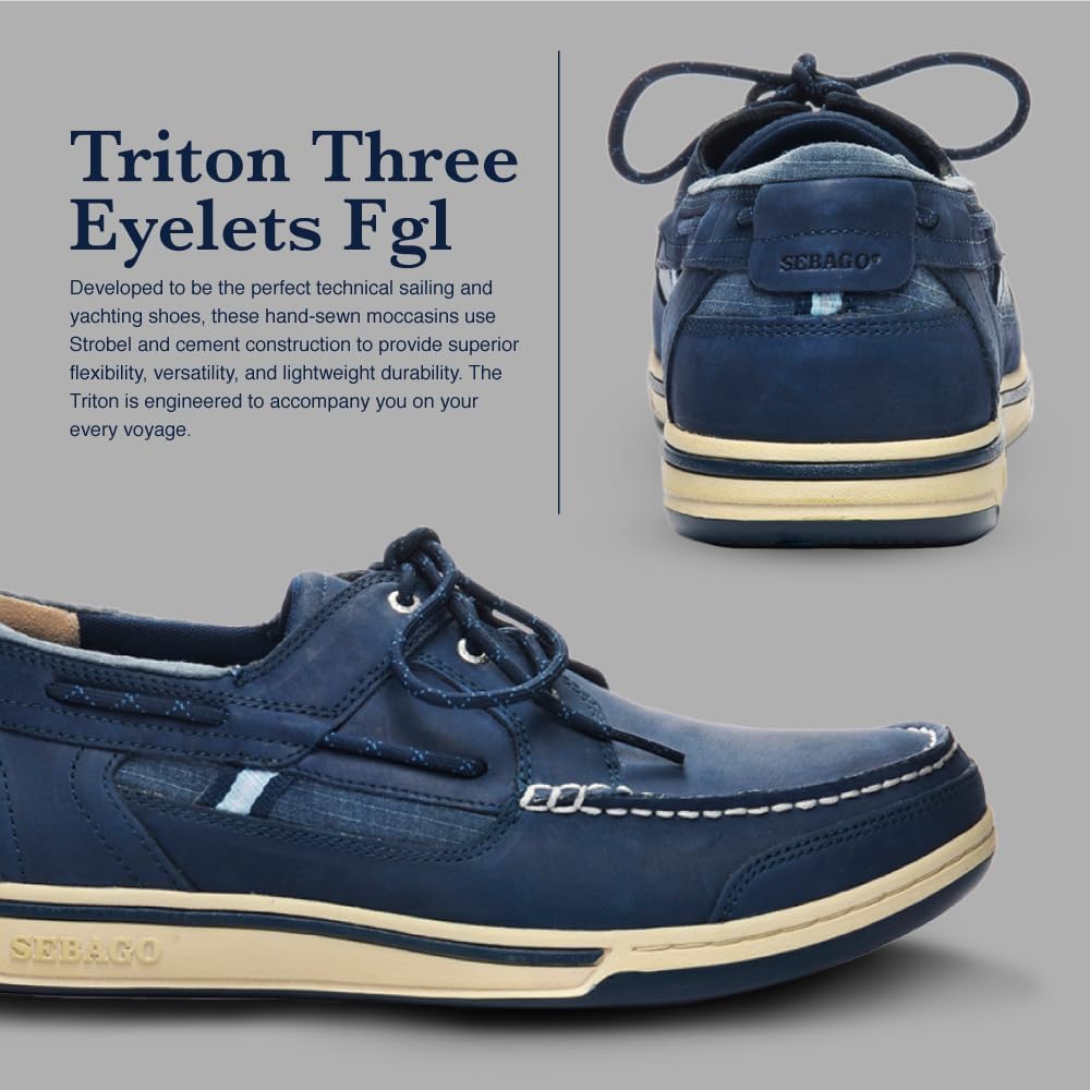 Мокасины Sebago Triton Three Eyelets FGL для лодки - восковая кожа, дышащая сетчатая подкладка, удобная стелька EVA и резиновая подошва, пришитая по технологии Strobel, темно-синий — фото 3