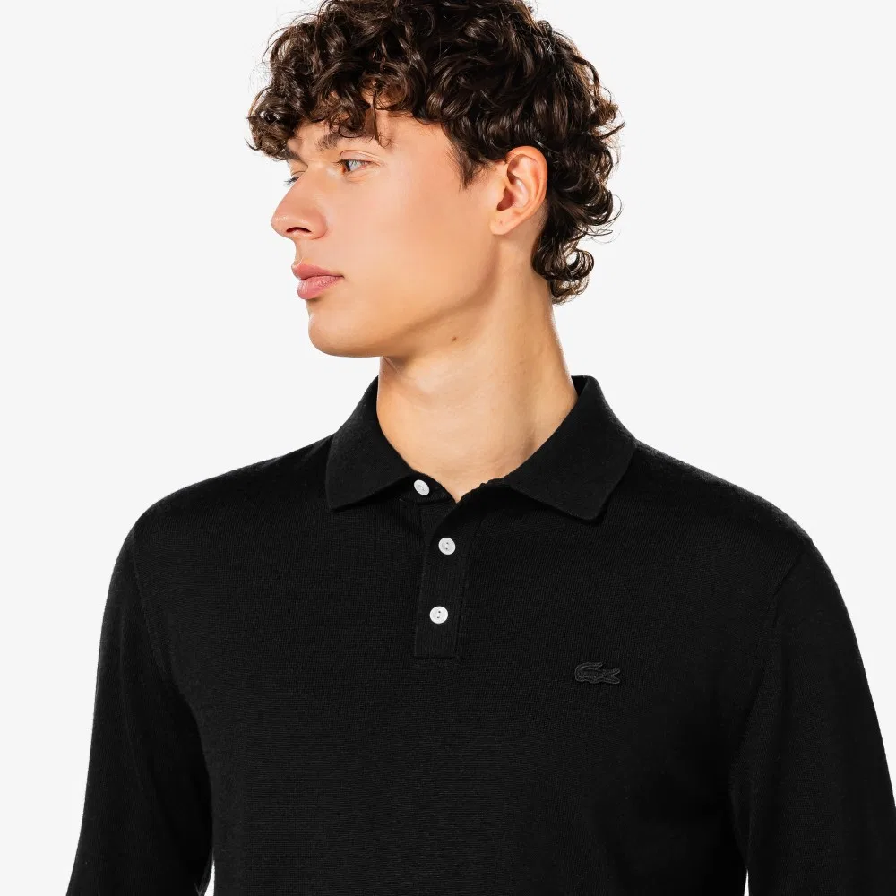 Мужской чёрный свитер-поло с длинными рукавами из шерсти от Lacoste — фото 2