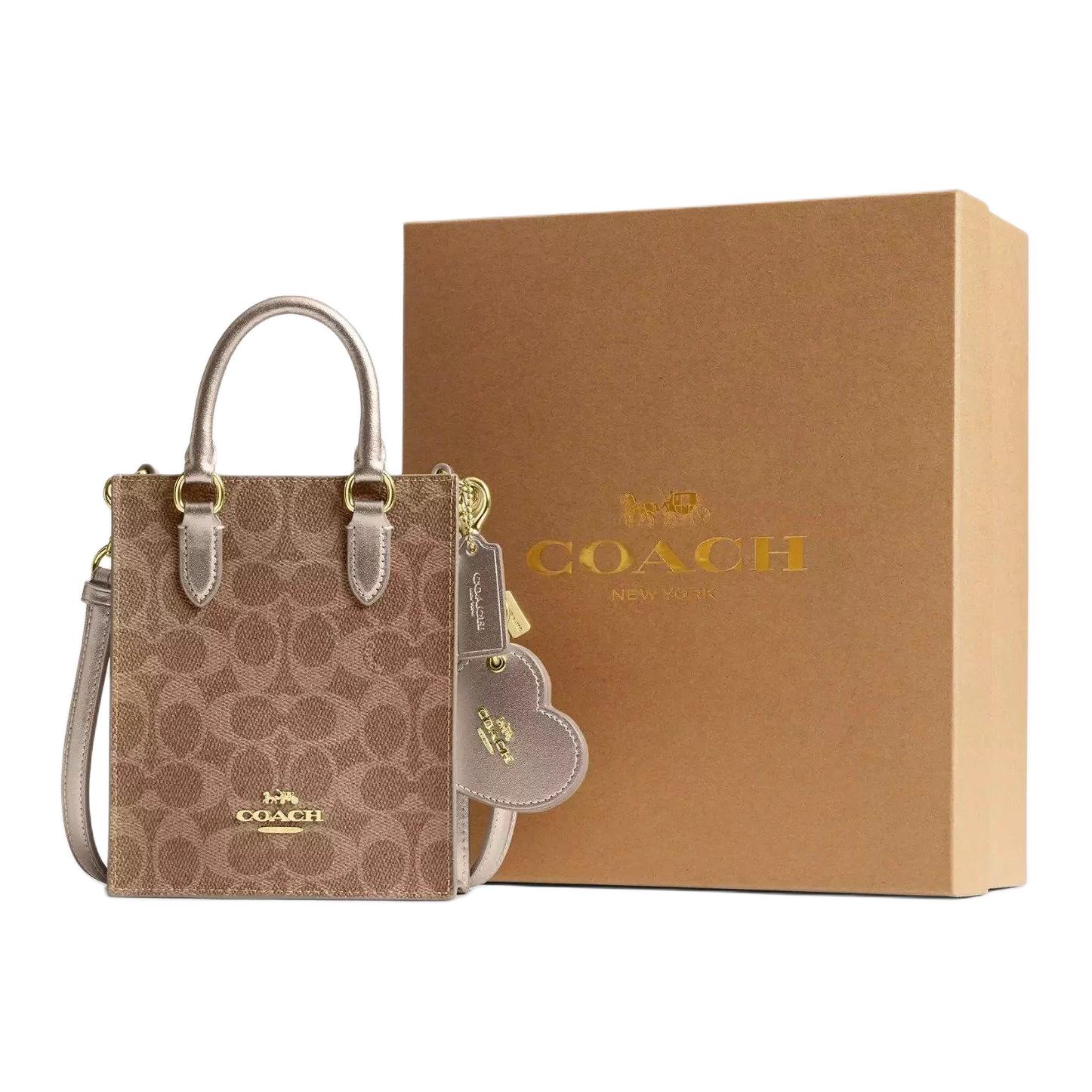 

COACH Кожаная сумка для нот из котированного холста с наплечным ремнем миниатюрная женская хаки