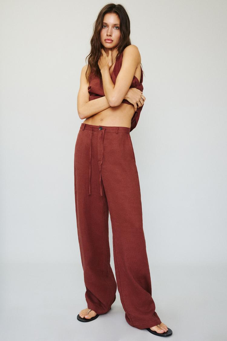 

100% льняные элегантные брюки Pull And Bear, коричневый