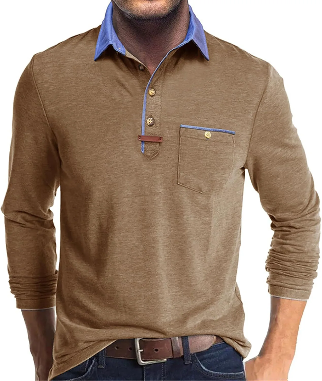 

Мужская поло с длинным рукавом Color Block с карманом Easyoyo