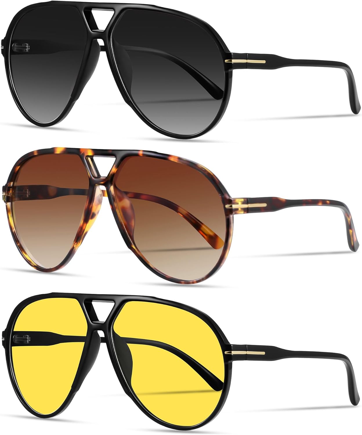 

Большие ретро-солнцезащитные очки-авиаторы для женщин и мужчин. Классический винтажный стиль 70-х. Солнцезащитные очки в крупной оправе YMRFW, 3pack (Black/Gradient Gray+tortoise/Gradient Tea+black/Yellow)