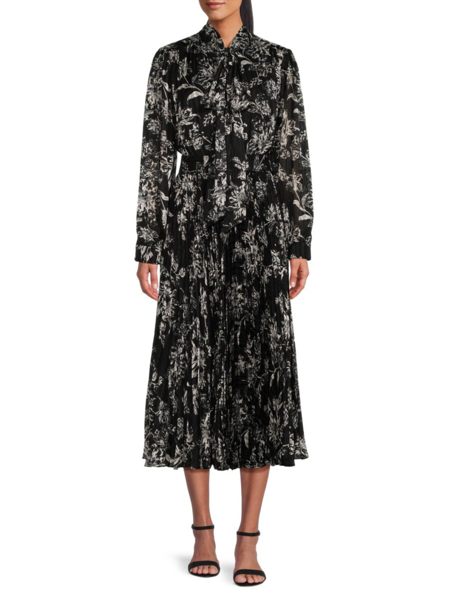 

Платье миди с цветочным принтом и плиссе Mikael Aghal, черный мульти