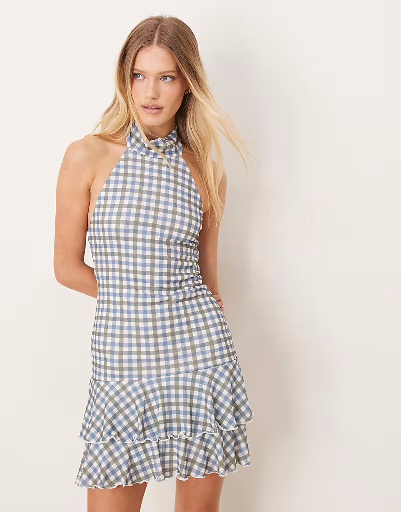 

Платье-мини ASOS DESIGN с халтер-шарфом и принтом в клетку «григорь»
