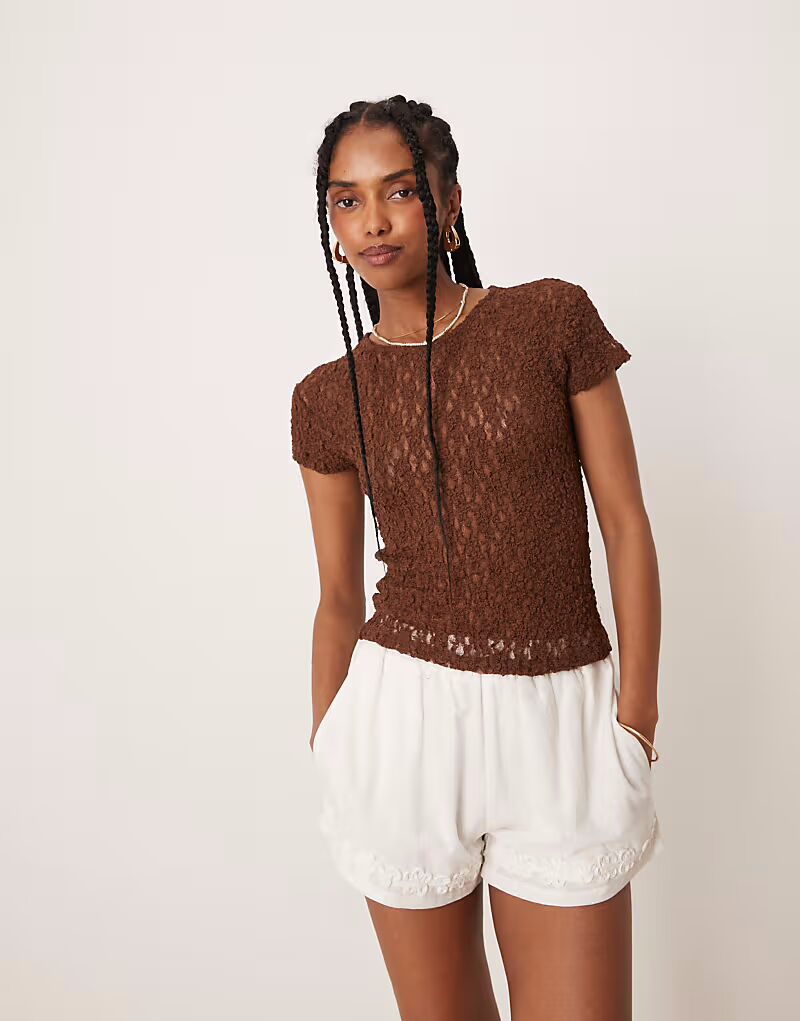 

Кружевная футболка с короткими рукавами для малышей ASOS DESIGN коричневого цвета