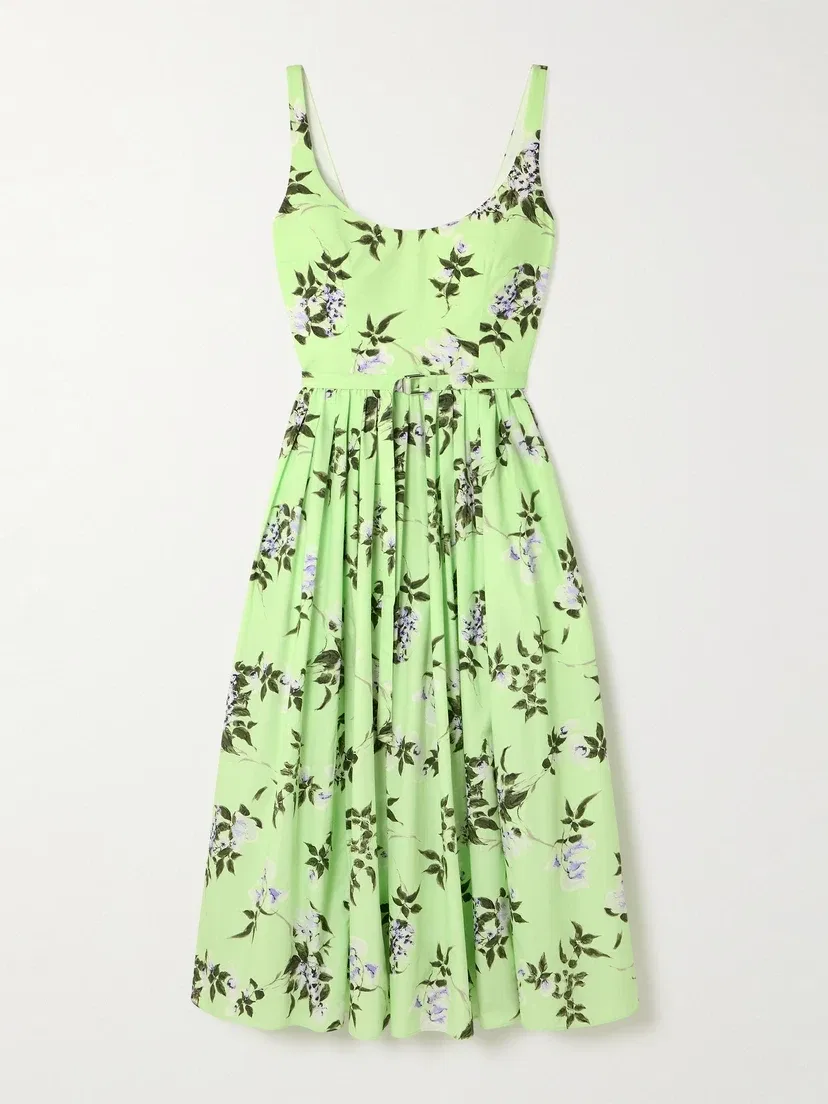 Платье миди из хлопкового поплина с цветочным принтом, поясом и сборками Eglantine Emilia Wickstead, бирюзовый