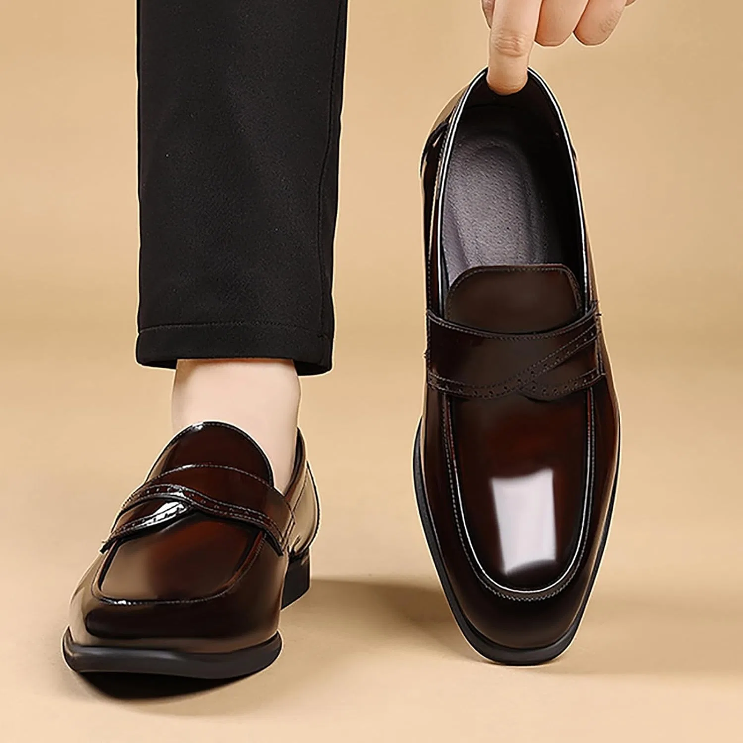 Лоферы кожаные, без бренда, модель Patent Leather Slip On Brogue Loafers, коричневый QEOSNBX — фото 3