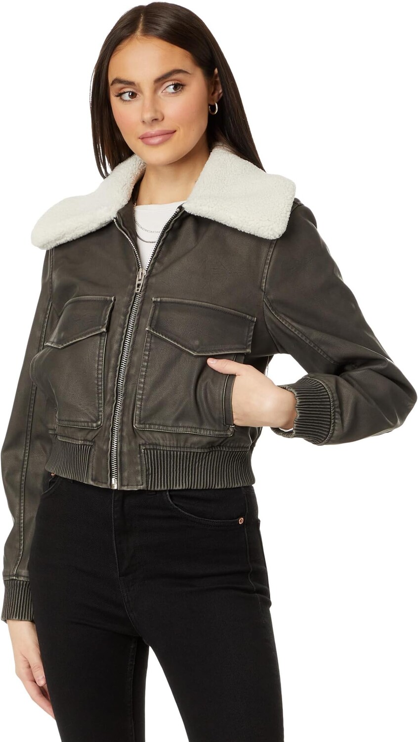 

Куртка Leather Bomber with Sherpa Collar Blank NYC, цвет Night Crawler