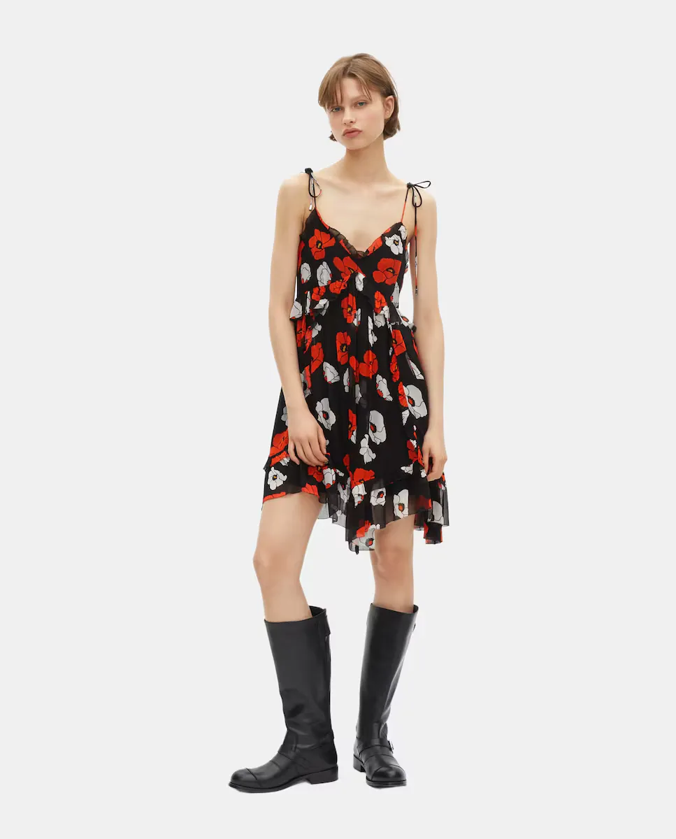 

Короткое платье с цветочным принтом The Kooples, черный