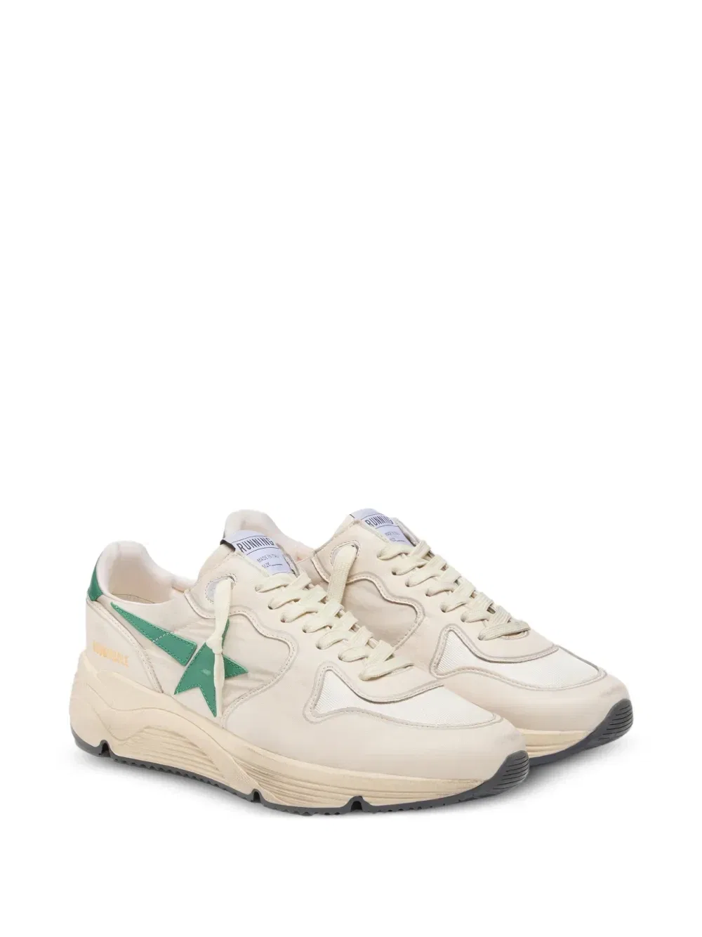 Кроссовки Running Sole из кожи и нейлона кремового цвета со звездами из зеленой кожи Golden Goose, белый — фото 2