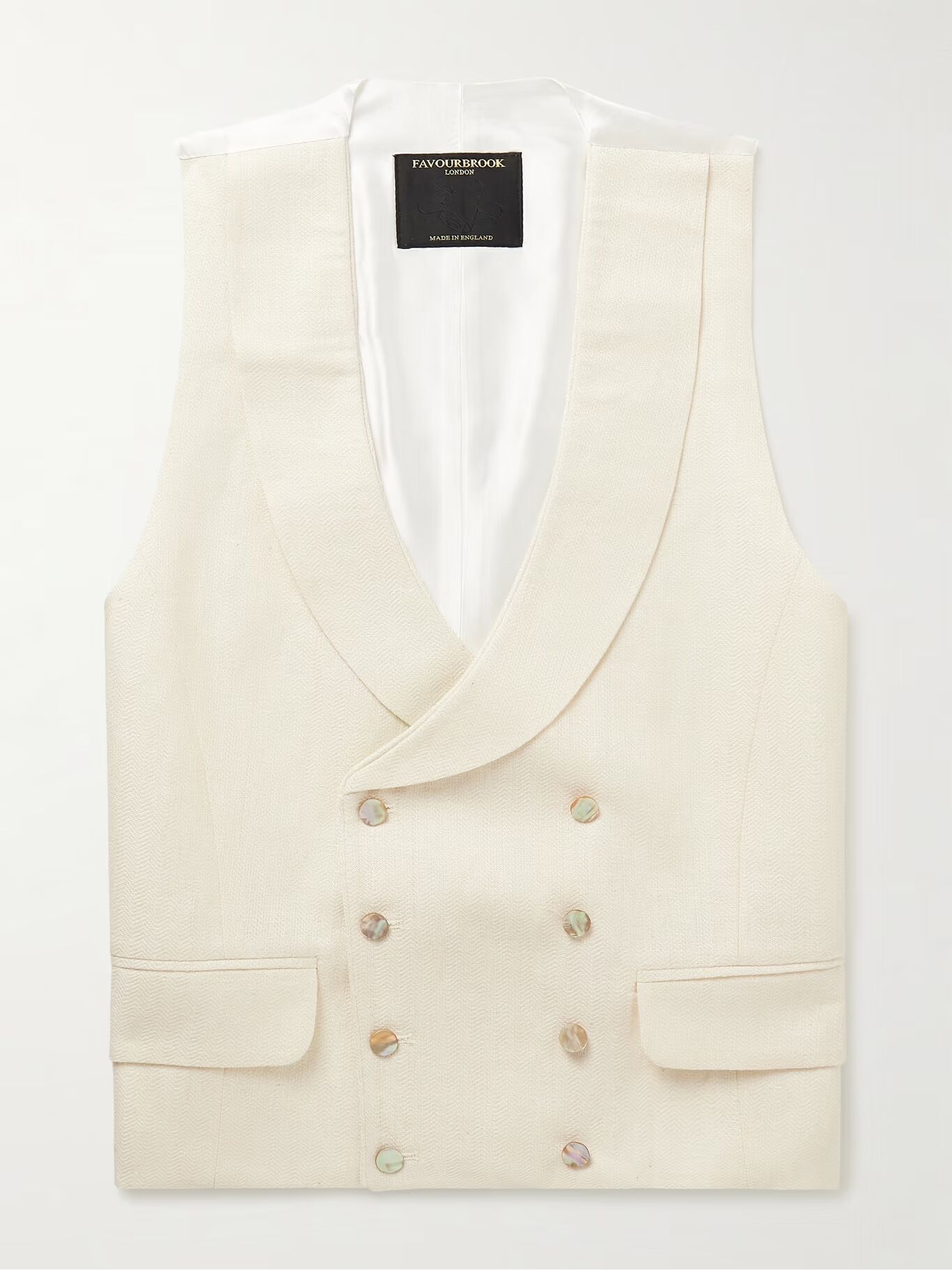 

Приталенный двубортный жилет Randwick с узором «в ёлочку» из смеси льна, шёлка и атласа FAVOURBROOK, кремовый