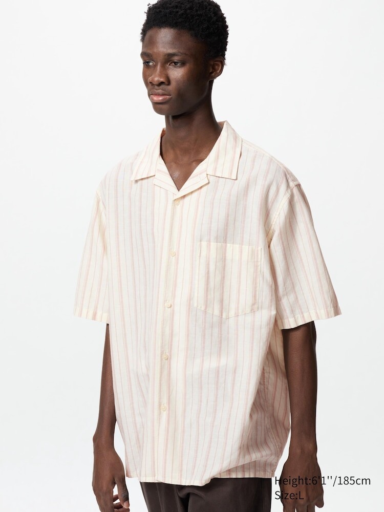 

Рубашка из льняной смеси с коротким рукавом в полоску Uniqlo, цвет 13 красный