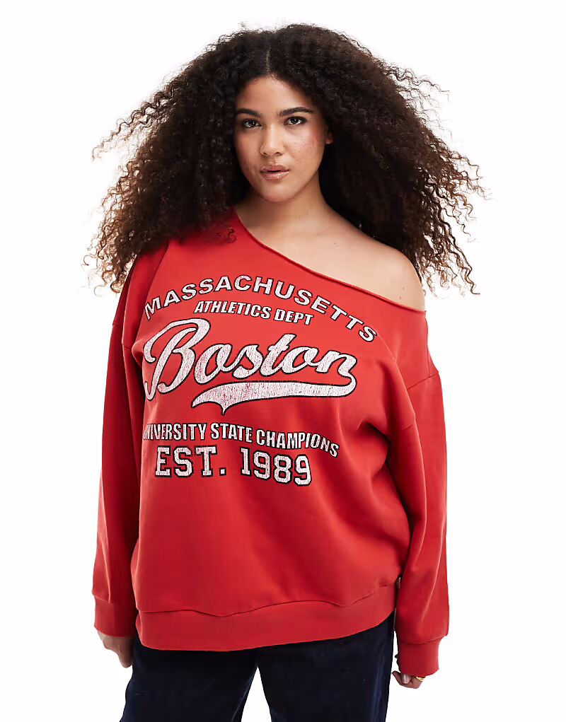 

Толстовка с открытыми плечами ASOS DESIGN Curve с принтом Boston красного цвета ASOS Curve