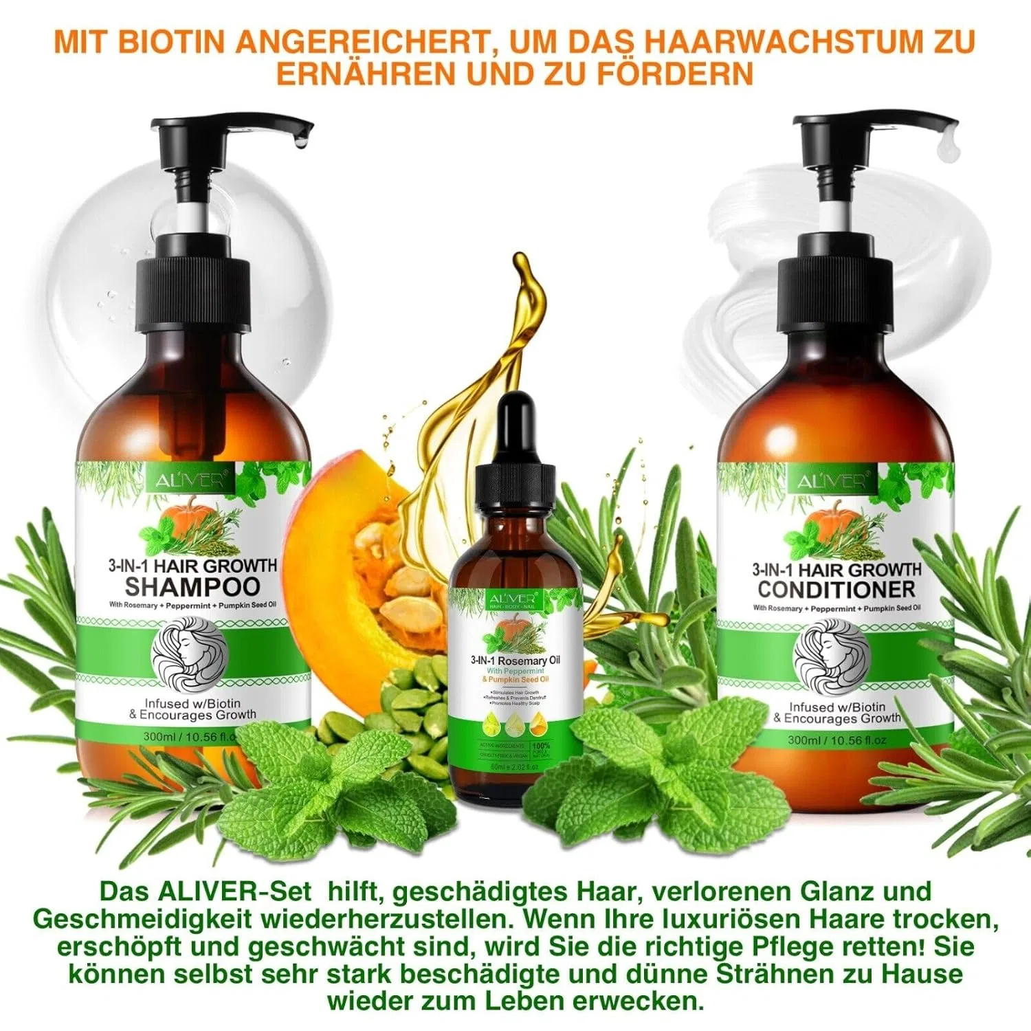 Набор для ухода за волосами 3-в-1 с биотином и розмарином от P-Beauty P-Beauty Cosmetic Accessories, Set 1 Shampoo + Condit. + Oil — фото 4