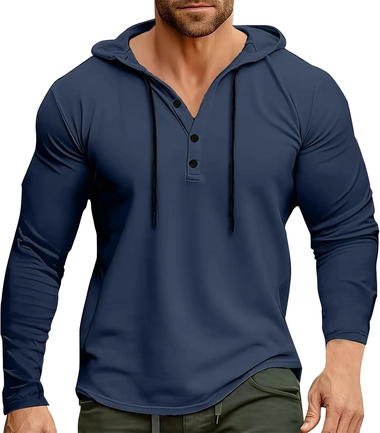 

Мужская повседневная футболка-поло Henley с капюшоном, длинный рукав, однотонная, M-3XL RTRDE