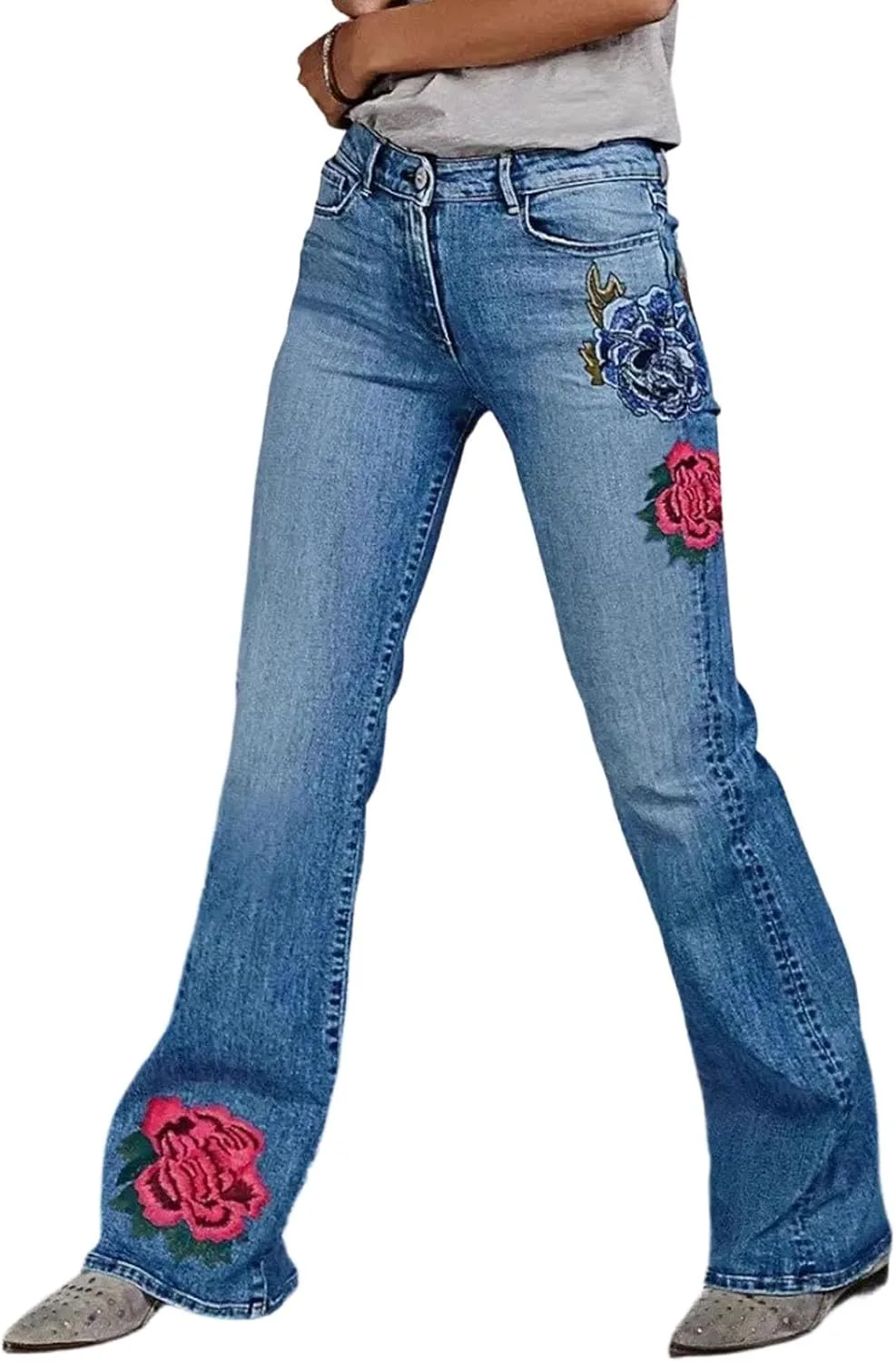 

Джинсы с вышивкой цветов для женщин Mid Waisted Bell Bottom JOWAMY