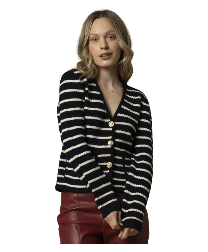 

Полосатый свитер с V-образным вырезом и декоративными пуговицами. Kocca, синий