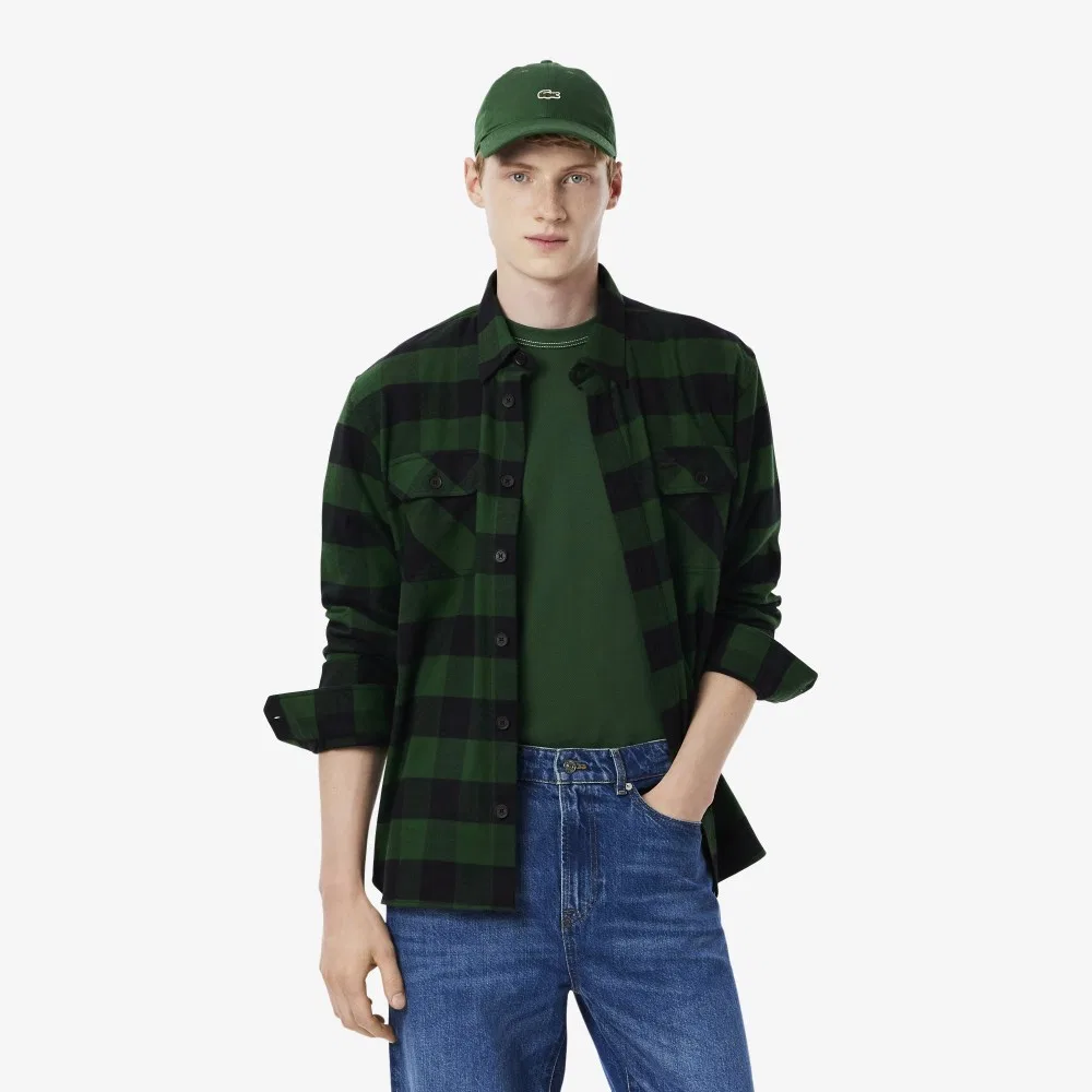 Мужская рубашка в клетку с нагрудным карманом, зелёная, от Lacoste
