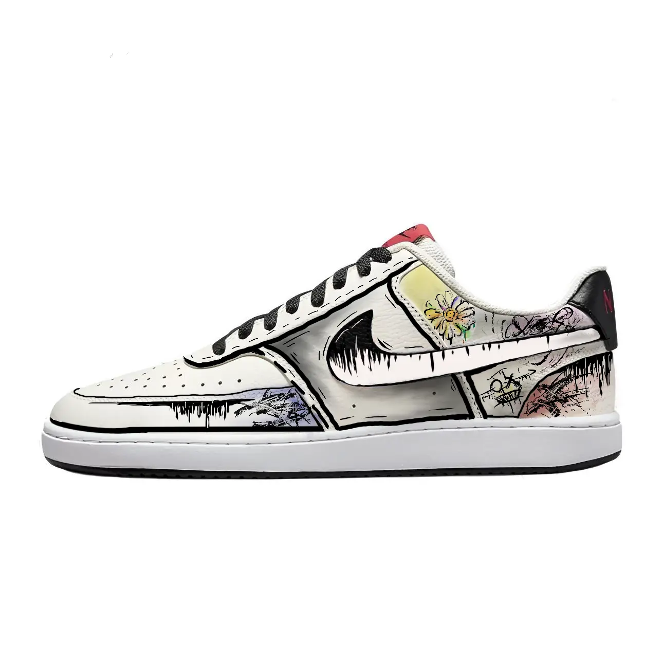 

Nike Кроссовки для скейтборда Court Vision 1 Daisy Graffiti, износостойкие, низкие, мужские, черно-белые