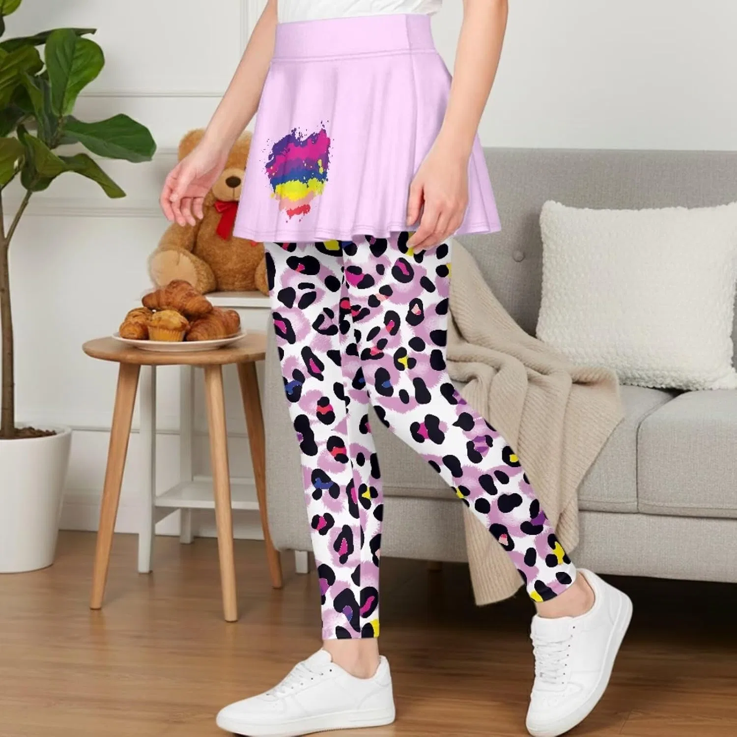Леггинсы с юбкой для девочек Hresuewn, 2-в-1, Rainbow Heart Leopard Print — фото 3