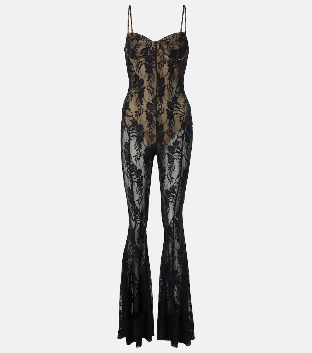 

Кружевной комбинезон с расклешенными брючинами Norma Kamali, Black Stretch Lace/Nu