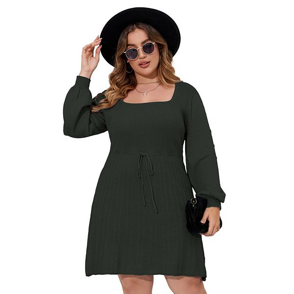 

Платье-свитер Plus size с длинными рукавами-фонариками и поясом Seoria, Army Green