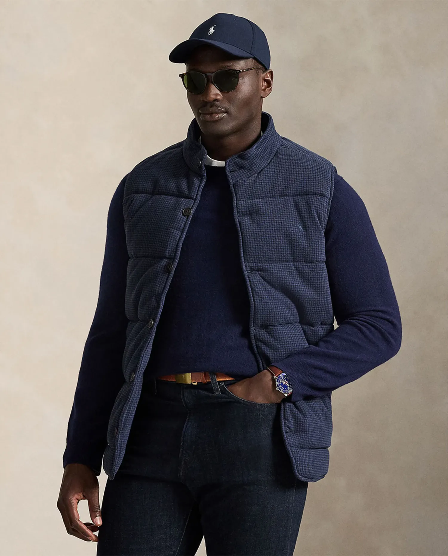 Мужской утепленный жилет Estate-Rib с узором гусиная лапка больших размеров Polo Ralph Lauren, темно-синий