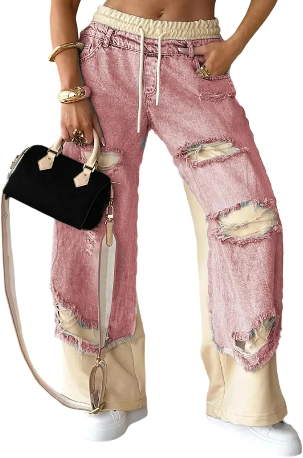 

Yootiko женские джинсы baggy с заплатками, рваные, на резинке, широкие